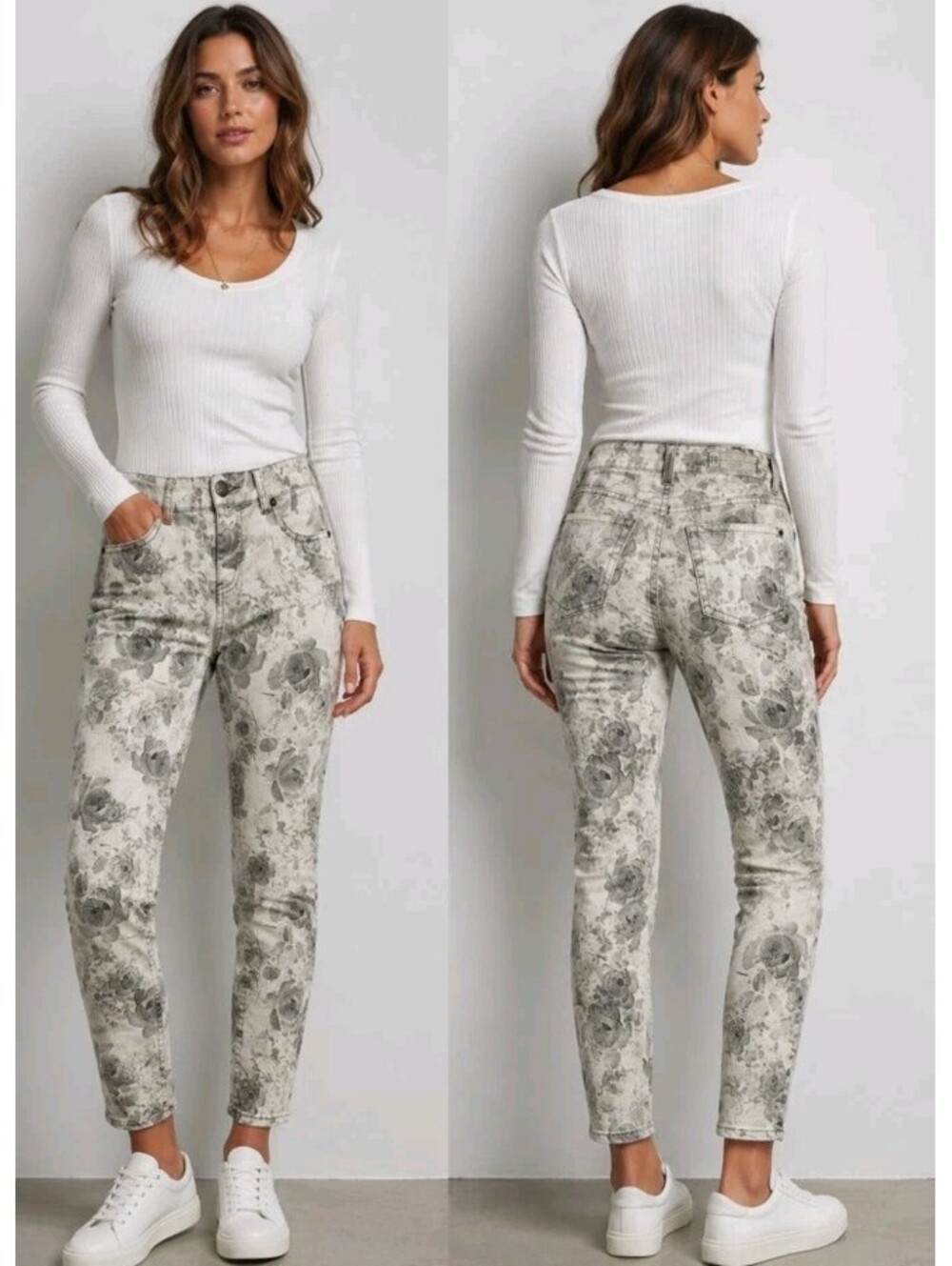 Free People Women's Jeans Size 25 Chalk Gray Floral Denim Cotton Blend #CB2